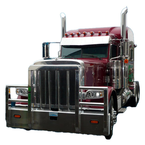 Aluminum 4 Post Texas Titan Moose Bumper Guard W/ Vertical Bullet Shaped Grille Bars, Center Tow Pins & Turn Signal Lights For Peterbilt 365 & 367 SFA, 388, 389, 589