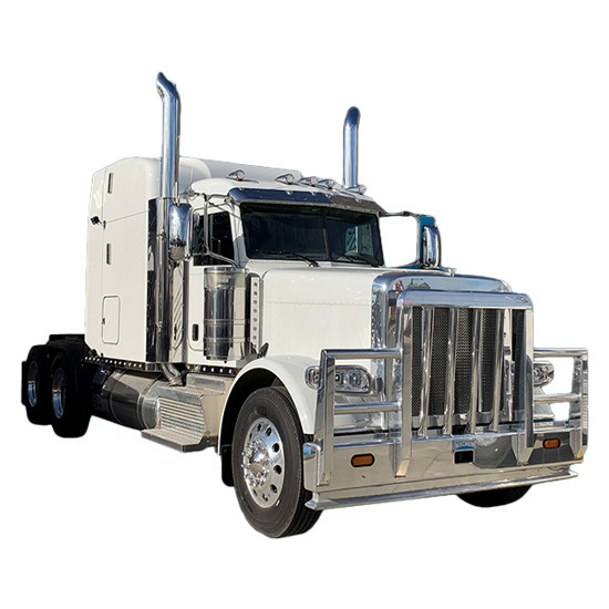 Aluminum 4 Post Grizzly Moose Bumper Guard W/ Vertical Bullet Shaped Grille Bars, 1.5 Inch Tow Pins & 6 Inch Oval Turn Signal Lights For Peterbilt 388, 389