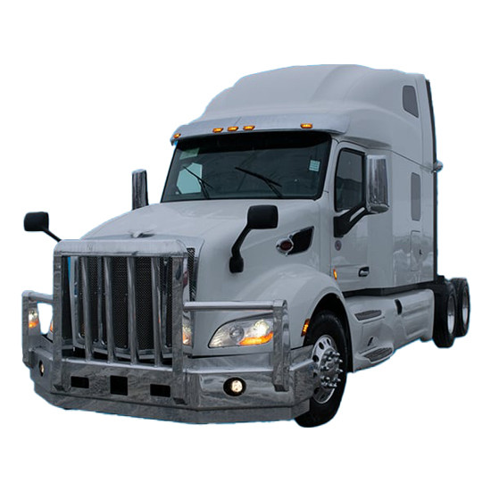 Aluminum 4 Post Grizzly Moose Bumper Guard W/ Radar Compliance, Vertical Bullet Shaped Grille Bars, Dual Tow Pins & OEM Driving Light Cutouts For Peterbilt 579