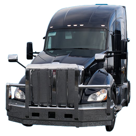 Aluminum 4 Post Grizzly Moose Bumper Guard W/ Radar Compliance, Boxed Vertical Uprights, Vertical Bullet Shaped Grille Bars & Dual Tow Pins For Kenworth T680