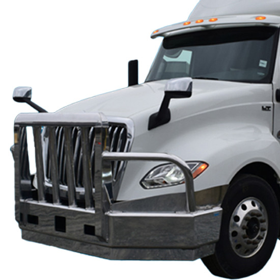 Aluminum 2 Post Grizzly Moose Bumper Guard W/ Radar Compliance, Boxed Vertical Uprights, Vertical Bullet Shaped Grille Bars & Dual Tow Pins For International ProStar, LT