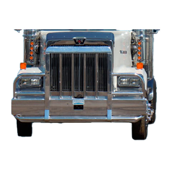 Aluminum 2 Post Set Forward Axle Moose Bumper Guard W/ Vertical Bullet Shaped Grille Bars, 1.5 Inch Tow Pin, 3 Inch OD Headlight Protection & Quick Latch For Western Star 4900SF