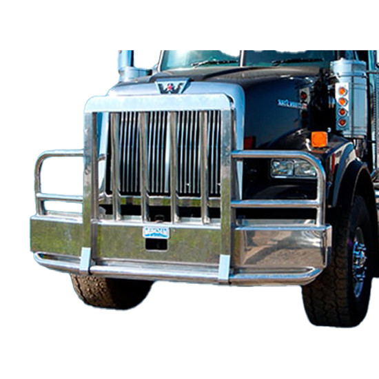 Aluminum 2 Post Set Back Axle Moose Bumper Guard W/ Vertical Bullet Shaped Grille Bars, 1.5 Inch Tow Pin, 3 Inch OD Headlight Protection & Quick Latch For Western Star 4900SB