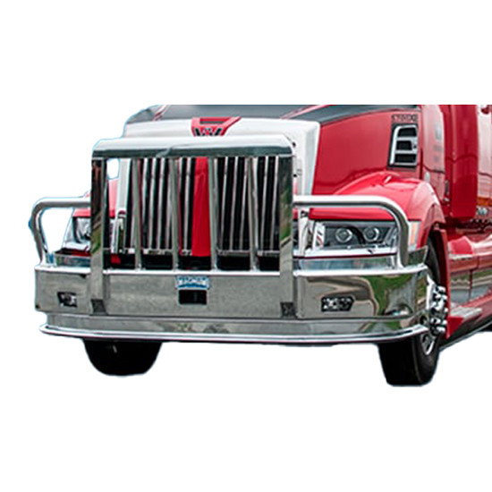 Aluminum 2 Post Grizzly Moose Bumper Guard W/ Boxed Vertical Uprights, Vertical Bullet Shaped Grille Bars, Center Tow Pins & Quick Latch For Western Star 5700XE
