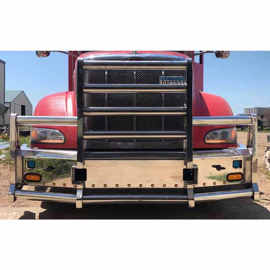16 Inch Aluminum Texas Style Standard Grille Guard W/ 3 Inch Pipes & Marker Light Bar For Peterbilt 386