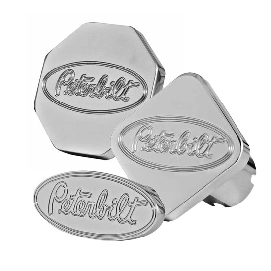 Chrome-Plated Billet Aluminum Shaped Air Brake Knobs W/ Peterbilt Logo Engraved