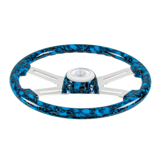 18 Inch Blue Skull Design Wood Rim Steering Wheel W/ 4 Chrome Spokes With Slot Cutouts & Chrome Horn Button