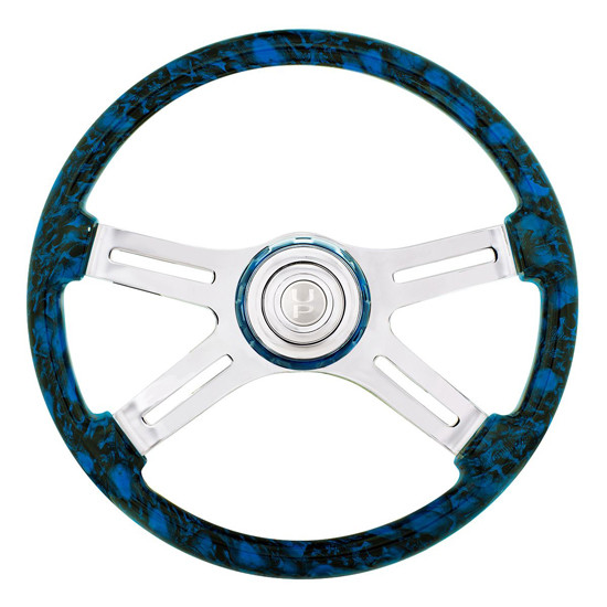 18 Inch Blue Skull Design Wood Rim Steering Wheel W/ 4 Chrome Spokes With Slot Cutouts & Chrome Horn Button
