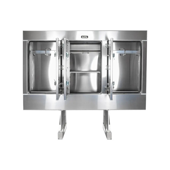 Enclosed Style Smooth Aluminum Cab Rack W/ 3 Exterior Cabinets & Interior Shelf In Center Cabinets 78 X 68 X 18 Inch
