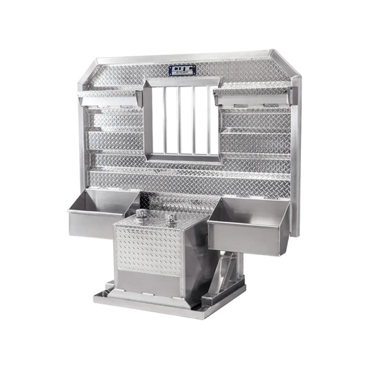 Diamond Plate Aluminum Cab Rack W/ Center Jail Bar Window, Split Trays, Chain Hangers & 50 GAL Hydraulic Tank- 68 X 70 Inch
