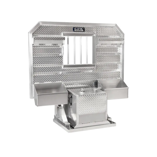 Diamond Plate Aluminum Cab Rack W/ Center Jail Bar Window, Split Trays, Chain Hangers & 50 GAL Hydraulic Tank- 68 X 70 Inch