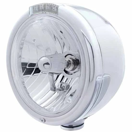Stainless Steel Half Moon 7 Inch Halogen Headlight With H4 Bulb, Clear Turn Signal Lens For Peterbilt, Freightliner, International & Mack