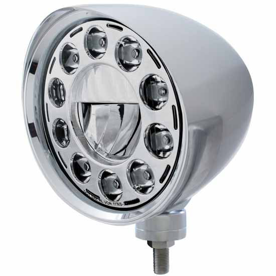 7 Inch LED Chrome Aluminum Chopper Style High Power Headlight W/ Smooth Visor Fits  For Peterbilt, Freightliner, International & Mack