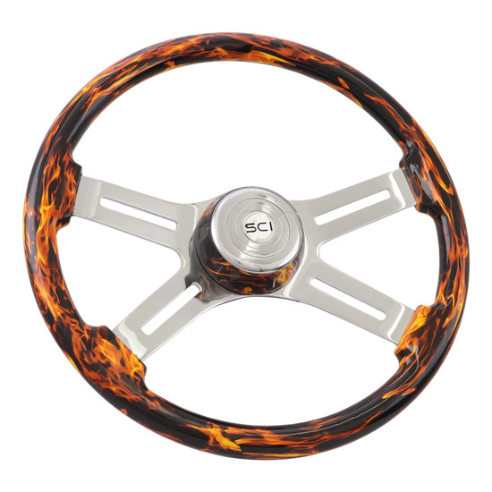 SCI 18 Inch Printed Wood Rim, Chrome 4-Spoke W/ Slot Cut Outs Horn Button