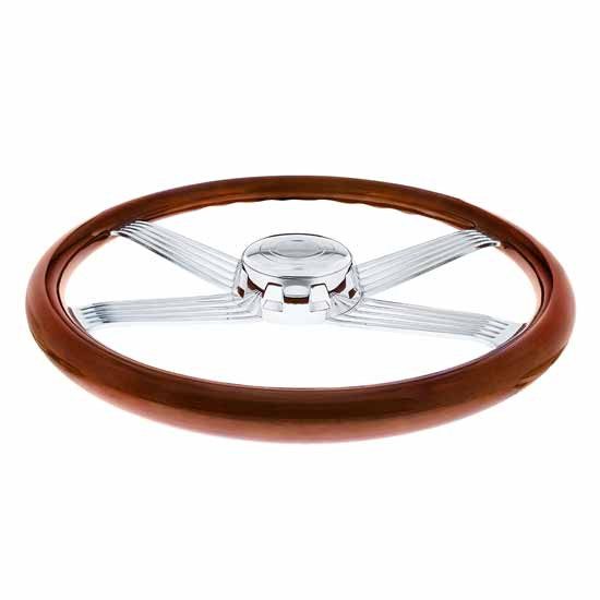 18 Inch Chrome & Wood Grain 4 Spoke Steering Wheel W/ Wire Cutout & Horn Bezel W/ Button