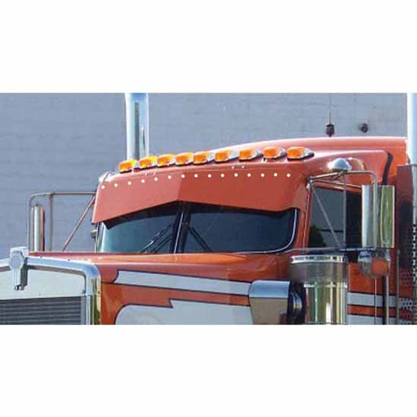Kenworth Aerocab 13 To 8 Inch Stainless Steel Reverse Bowtie Visor W/ 15 - 3/4 Inch Button Light Holes Kenworth Aerocab 13 To 8 Inch Stainless Steel Reverse Bowtie Visor W/ 15 - 3/4 Inch Button Light Holes