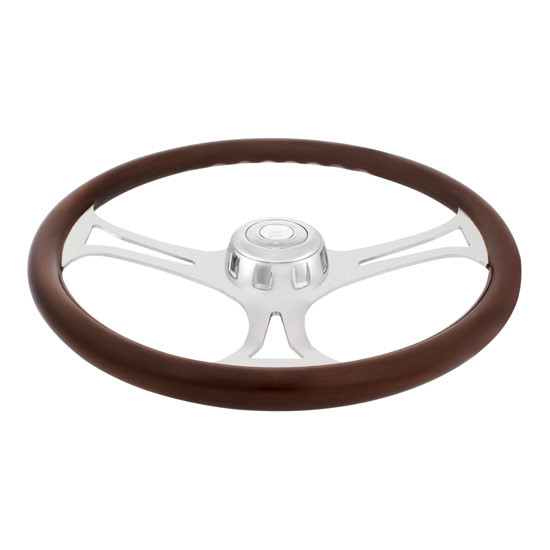 18 Inch Chrome Bezel Steering Wheel Polished Wood Rim & 3 Chrome Spokes W/ Blade Cutout Design