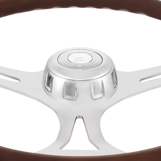 18 Inch Chrome Bezel Steering Wheel Polished Wood Rim & 3 Chrome Spokes W/ Blade Cutout Design
