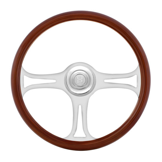 18 Inch Chrome Bezel Steering Wheel Polished Wood Rim & 3 Chrome Spokes W/ Blade Cutout Design