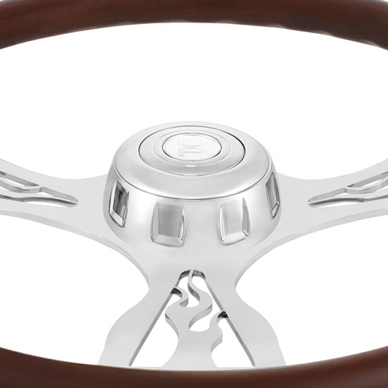 18 Inch Chrome Bezel Steering Wheel Polished Wood Rim & 3 Chrome Spokes W/ Flame Cutout Design