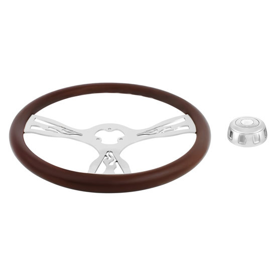 18 Inch Chrome Bezel Steering Wheel Polished Wood Rim & 3 Chrome Spokes W/ Flame Cutout Design