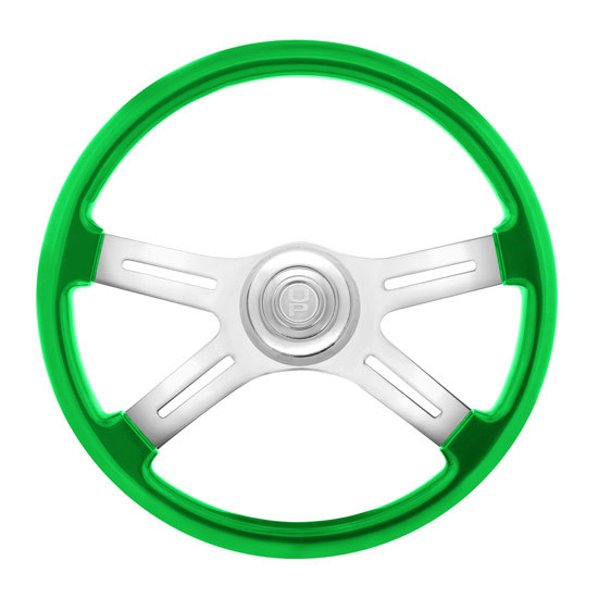 18 Inch Chrome Bezel Steering Wheel Painted Wood Trim, 4 Chrome Spokes W/ Slot Cutouts & Color Options