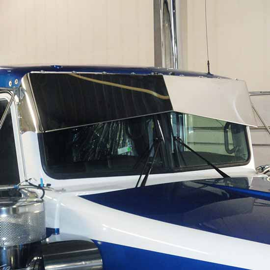 10 X 7 Inch Polished Stainless Steel Reverse Bowtie Visor - 2 Piece - Side Mount For Kenworth T600, T800, W900B, W900 L W/ Flat Glass