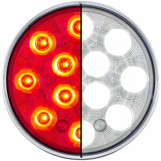 4 Inch Round 12 Diode Red/Clear Dual Function Stop, Turn, Tail Light To White Backup Light W/ Heated Option