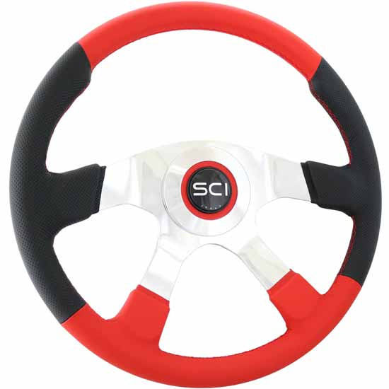 Steering Creations Comfort 18 Inch Soft Red & Black Leather Steering Wheel Kit W/ Polished Aluminum 4 Spoke Center, Halo Ring, Sci Horn Button, 5 Hole Black Hub Adapter, 72 Spline Count For Freightliner 2007 & Newer