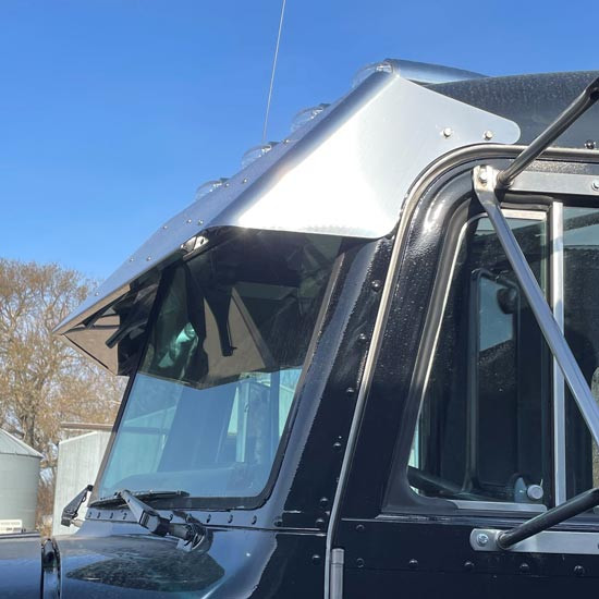 13 1/2 Inch Stainless Steel Straight Style Drop Visor, Standard Mount For Flat Top Models W/ Door Mounted Mirrors For Peterbilt