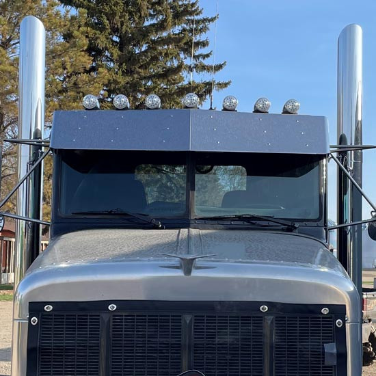 13 1/2 Inch Stainless Steel Straight Style Drop Visor, Standard Mount For Flat Top Models W/ Door Mounted Mirrors For Peterbilt