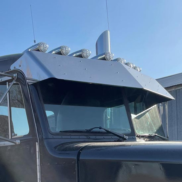 Peterbilt 13 1/2 Inch Stainless Steel Straight Style Drop Visor, Standard Mount For Flat Top Models W/ Door Mounted Mirrors