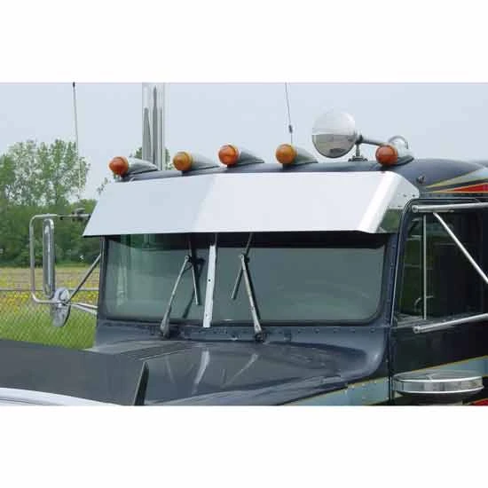 Roadworks 13 Inch Stainless Steel 2 Piece Drop Visor For Peterbilt 359 W/ Flat Top & Door Mounted Mirrors