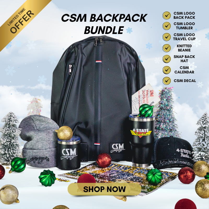 CSM Christmas Gift Bundle featuring 4 State Trucks logo backpack, tumbler, travel cup, knitted beanie, snapback hat, calendar, and decal.
