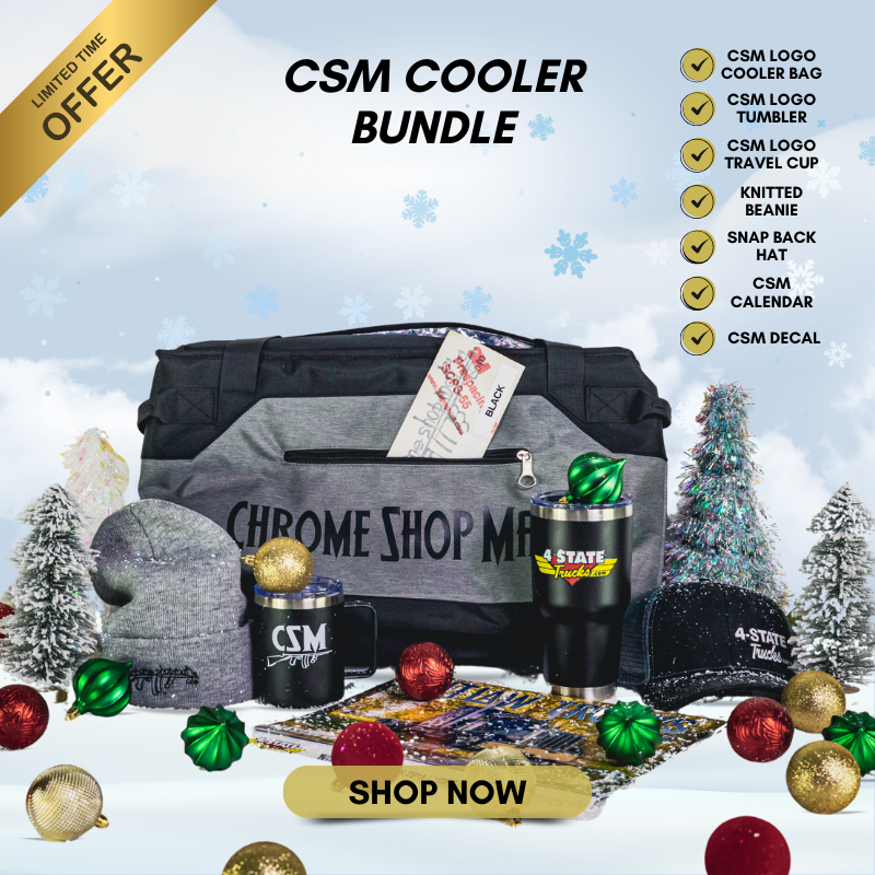 CSM Christmas Gift Bundle featuring 4 State Trucks logo cooler, tumbler, travel cup, knitted beanie, snapback hat, calendar, and decal.