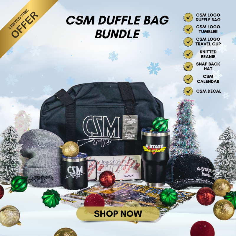 CSM Christmas Gift Bundle featuring 4 State Trucks logo duffle bag, tumbler, travel cup, knitted beanie, snapback hat, calendar, and decal.
