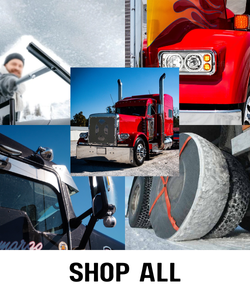 All winter trucker essentials including battery protection, winter fronts, heated headlights and mirrors, tire chains, snow brushes, and cold-weather apparel