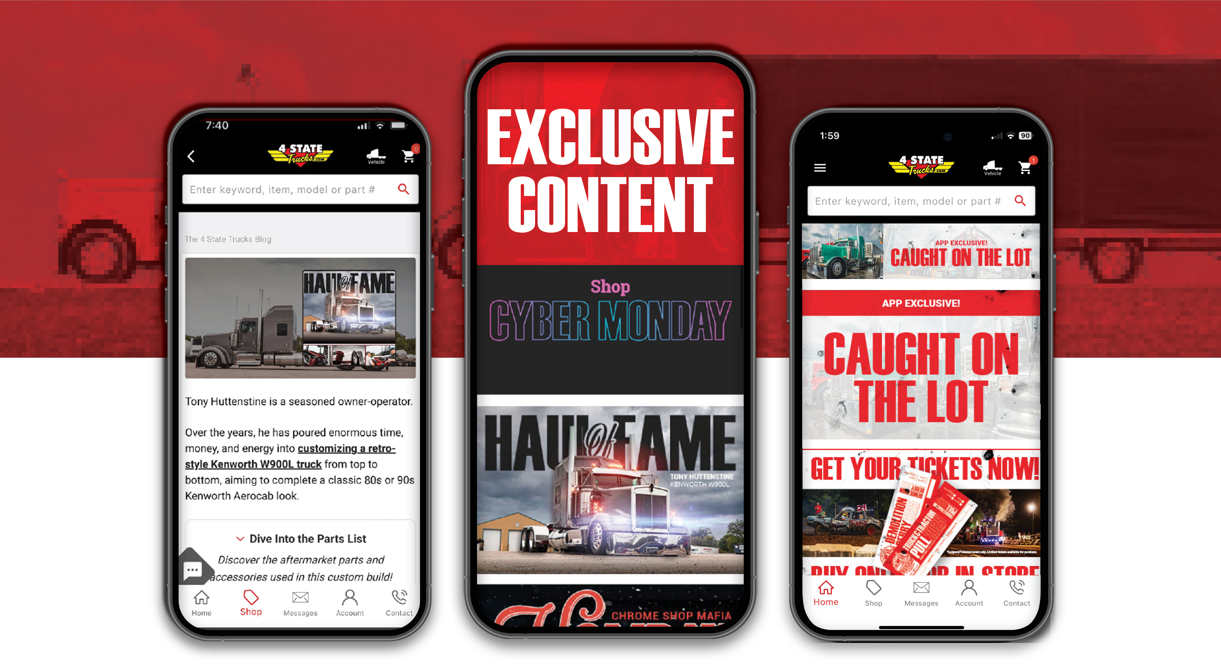 4 State Trucks App features preview showing Haul of Fame, exclusive content, Cyber Monday early access, and Caught on the Lot tools.