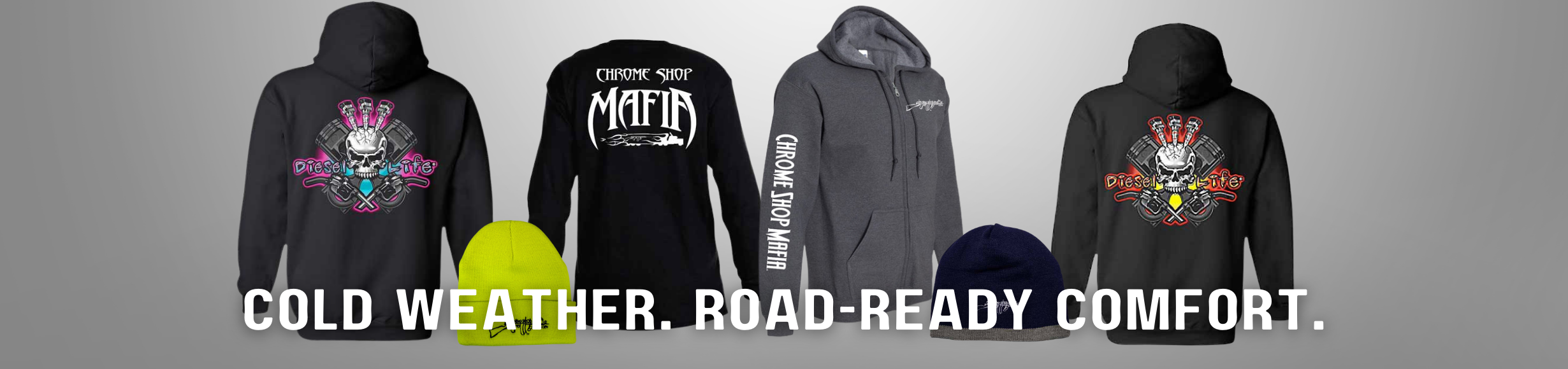 Winter cold-weather clothing for truckers including hoodies, long sleeves, and beanies