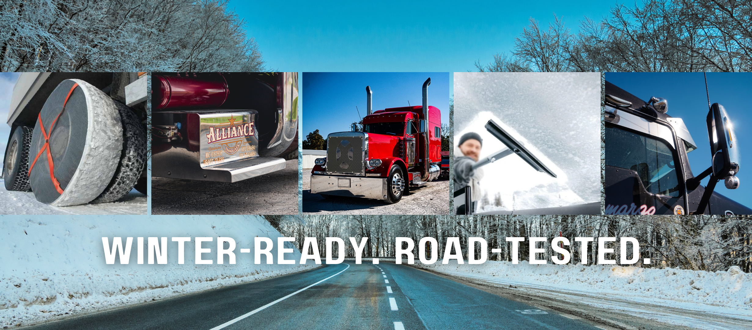 Winter truck accessories including battery boxes, winter fronts, heated headlights, heated mirrors, tire chains, snow brushes, hoodies, beanies, and long sleeve apparel