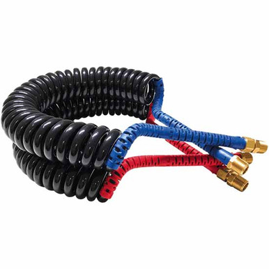 12 FT Compact Coil Kink-Repairing Air Brake Hoses With Blue & Red Grips