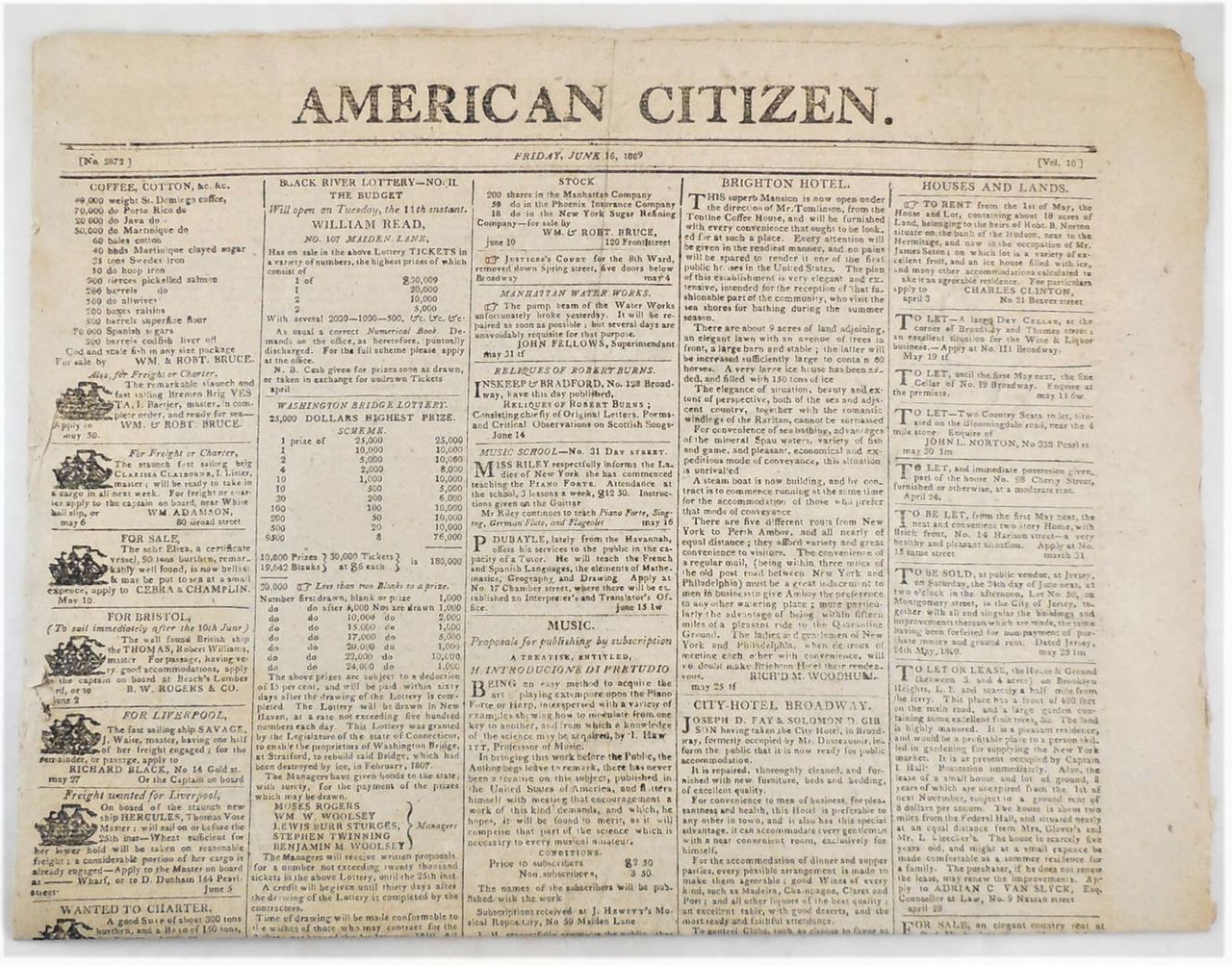 AMERICAN CITIZEN NEWSPAPER With Slave Ad - 1809