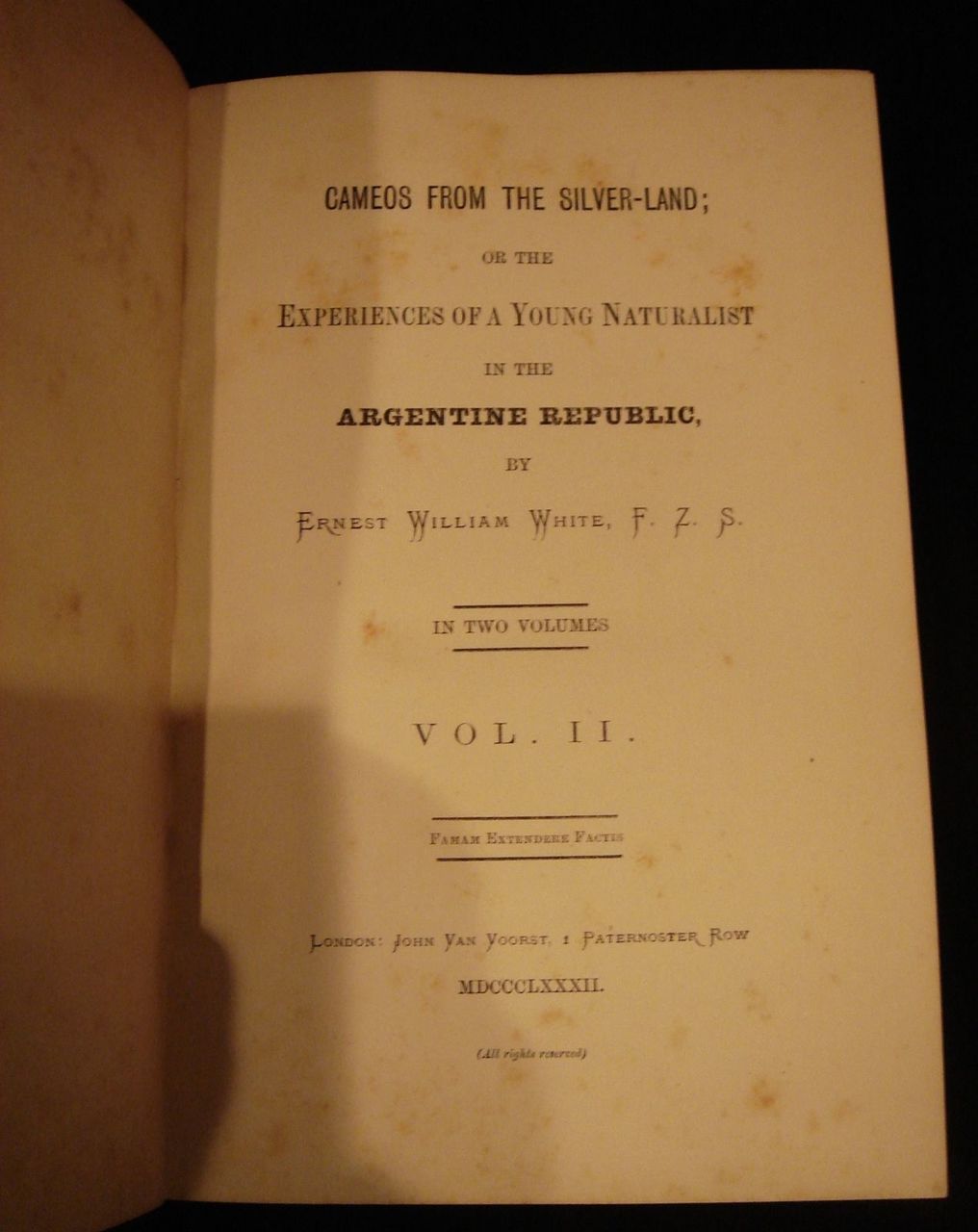 CAMEOS FROM THE SILVER-LAND...A NATURALIST IN THE ARGENTINE REPUBLIC, by Ernest White - 1882