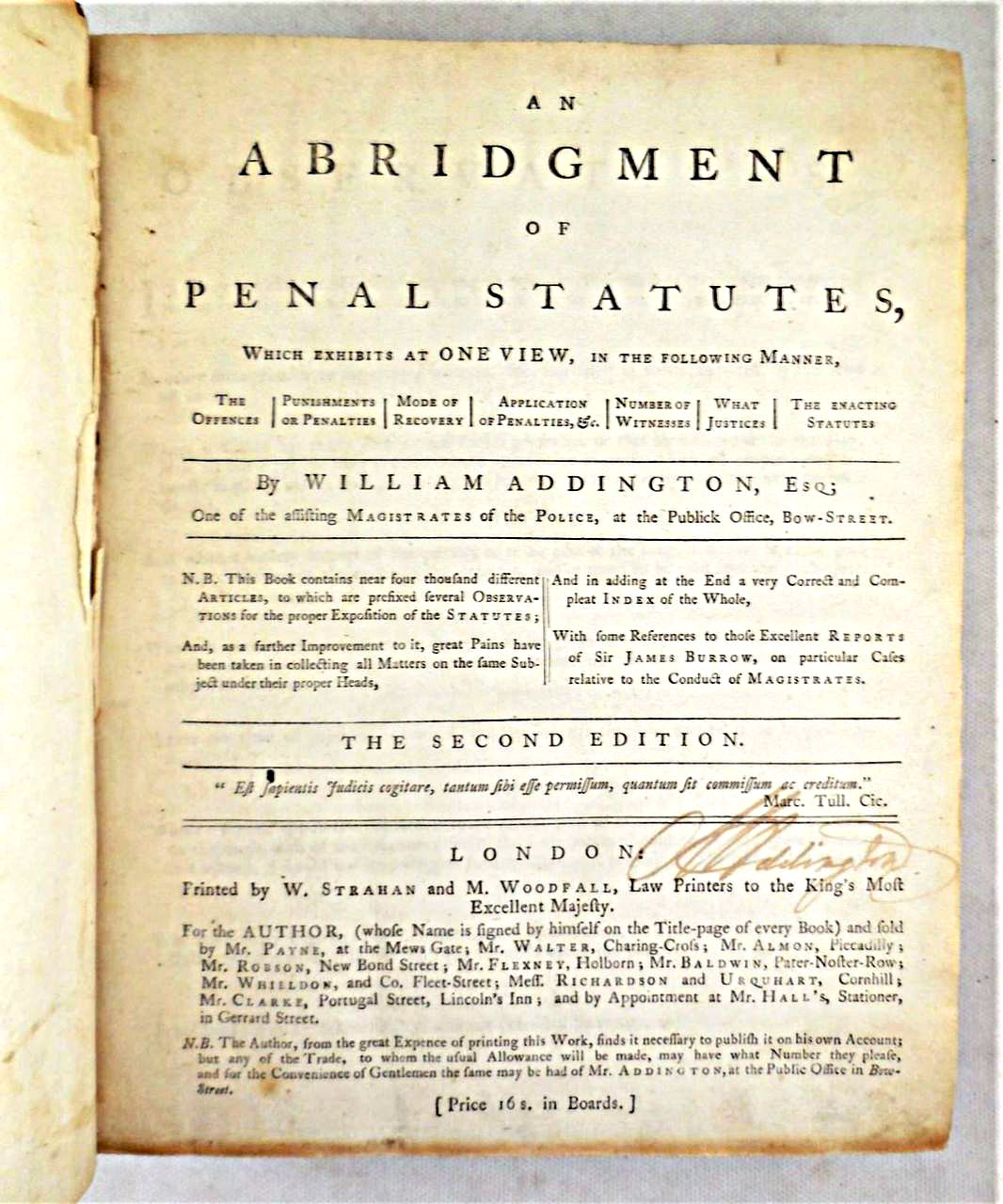 AN ABRIDGMENT OF PENAL STATUTES, by William Addington - 1778