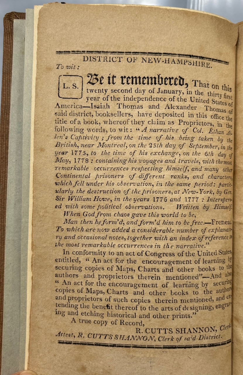 A NARRATIVE OF COL. ETHAN ALLEN'S CAPTIVITY, by Ethan Allen - 1807
