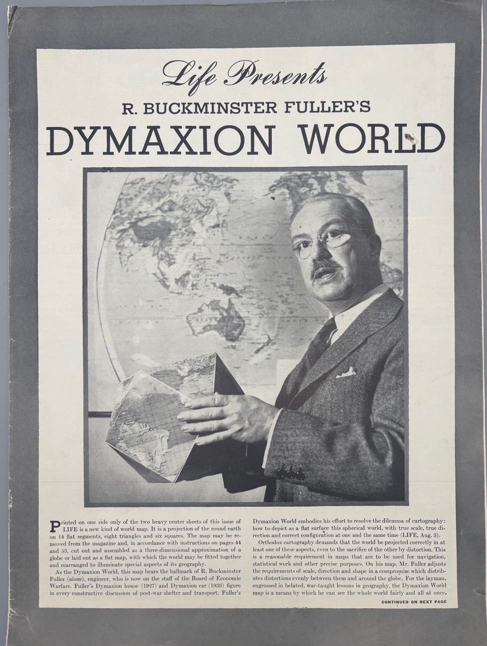 LIFE PRESENTS R. BUCKMINSTER FULLER'S DYMAXION WORLD, LIFE Magazine Photo Essay - 1943 [Map Insert]