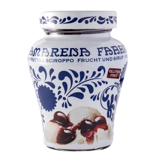 Fabbri Amarena Cherries in Syrup, White Blue Opaline Jar 400g
