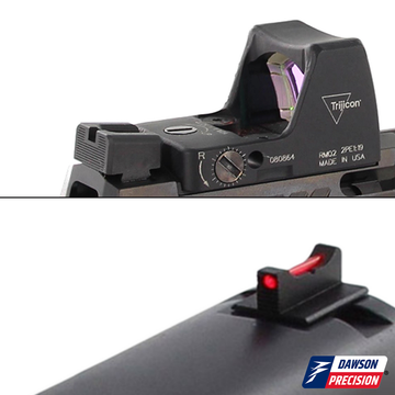 Sight Set for Sig P320 w/ Trijicon RMR & Grey Ghost Precision Slides, Fixed Carry Black Rear & Fiber Optic Front, by Dawson Precision®