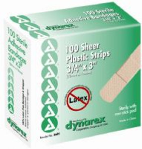 Dynarex Adhesive Sheer Plastic Bandages 3/4" x 3", Box of 100