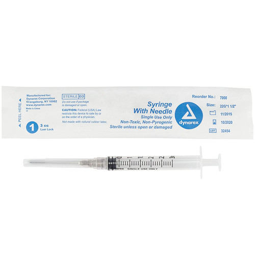 Dynarex Disposable Syringe With Needle - 3CC - 22G, 1.5" Needle, 100 Count